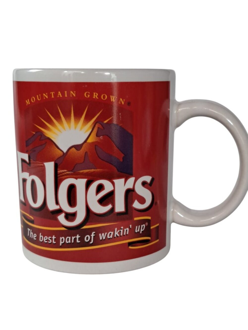 Vintage Folgers Coffee Mug Houston Harvest Mountain Grown Sun Over Mountains Red - Picture 4 of 11